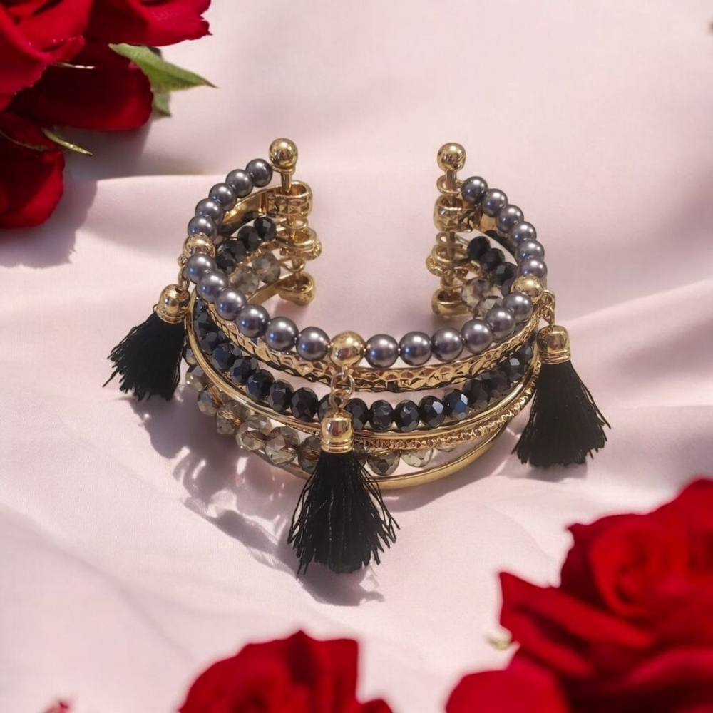 Boho Beaded multiple layered bangle cuff bracelet gold black gray faux Pearls
